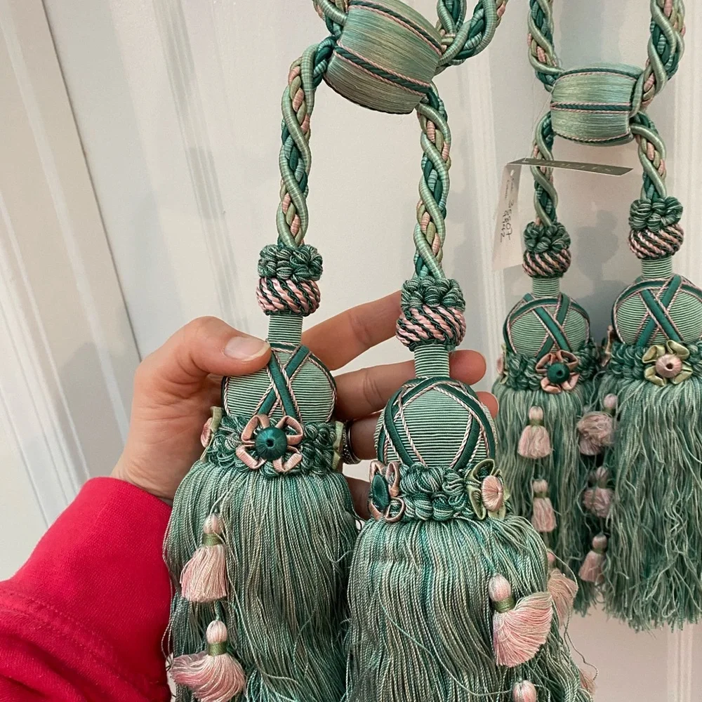 Houles Paris Gorgeous & Elegant Green & Pink Tassel Curtain Tiebacks NWT